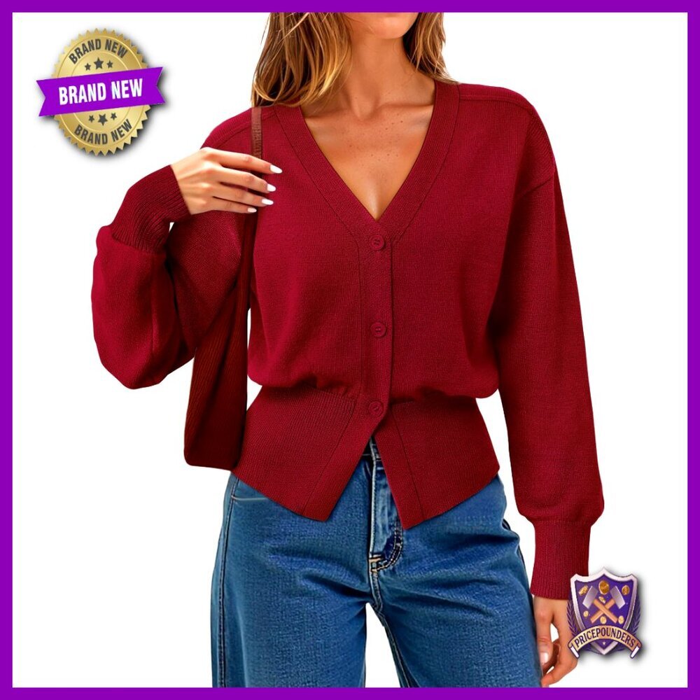 Long Sleeve Open Front Cardigan Sweater Peplum V-Neck Button Top